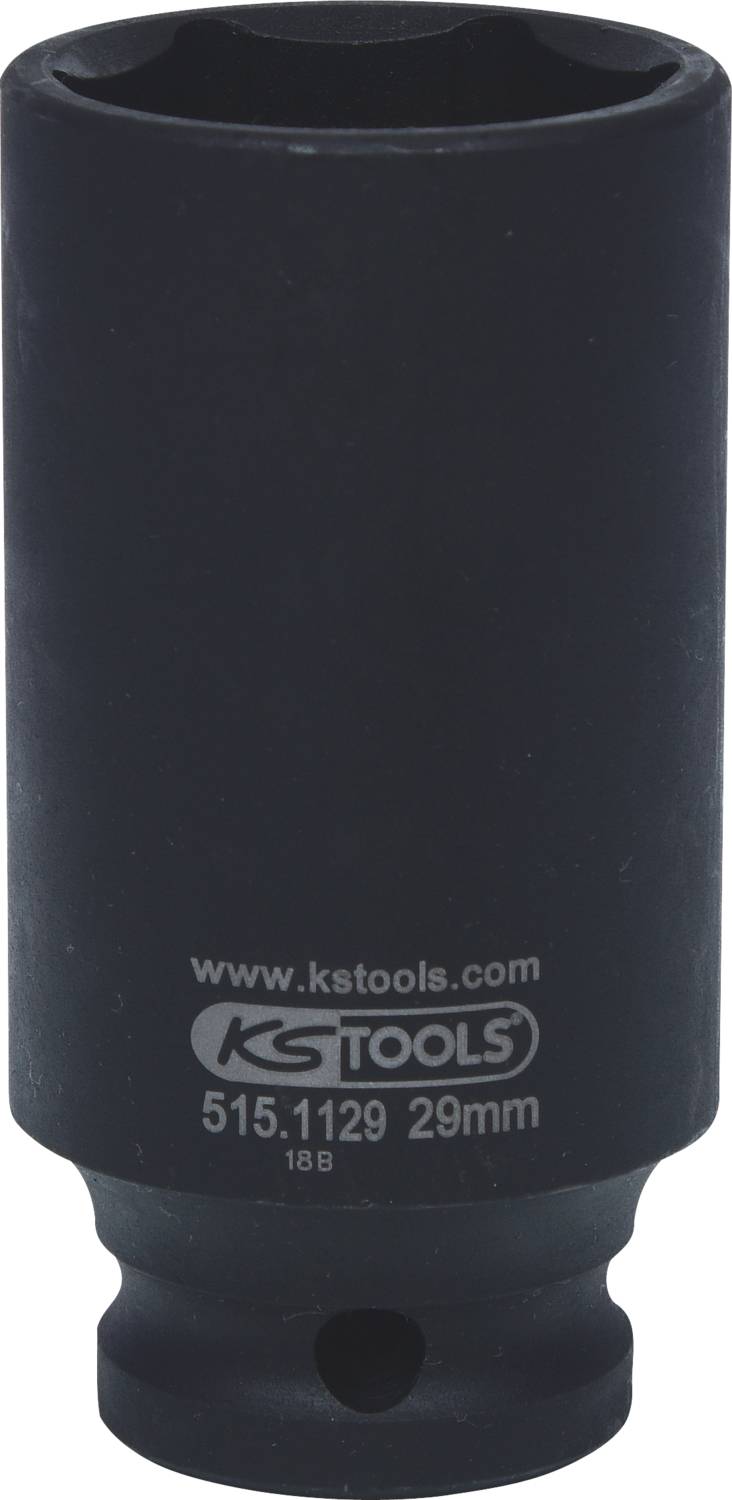 Schwarze 29mm Steckschlüssel, beschriftet mit 'www.kstools.com', 'KS TOOLS', '515.1129'. Hauptsächlich für Werkzeugeinsatz.