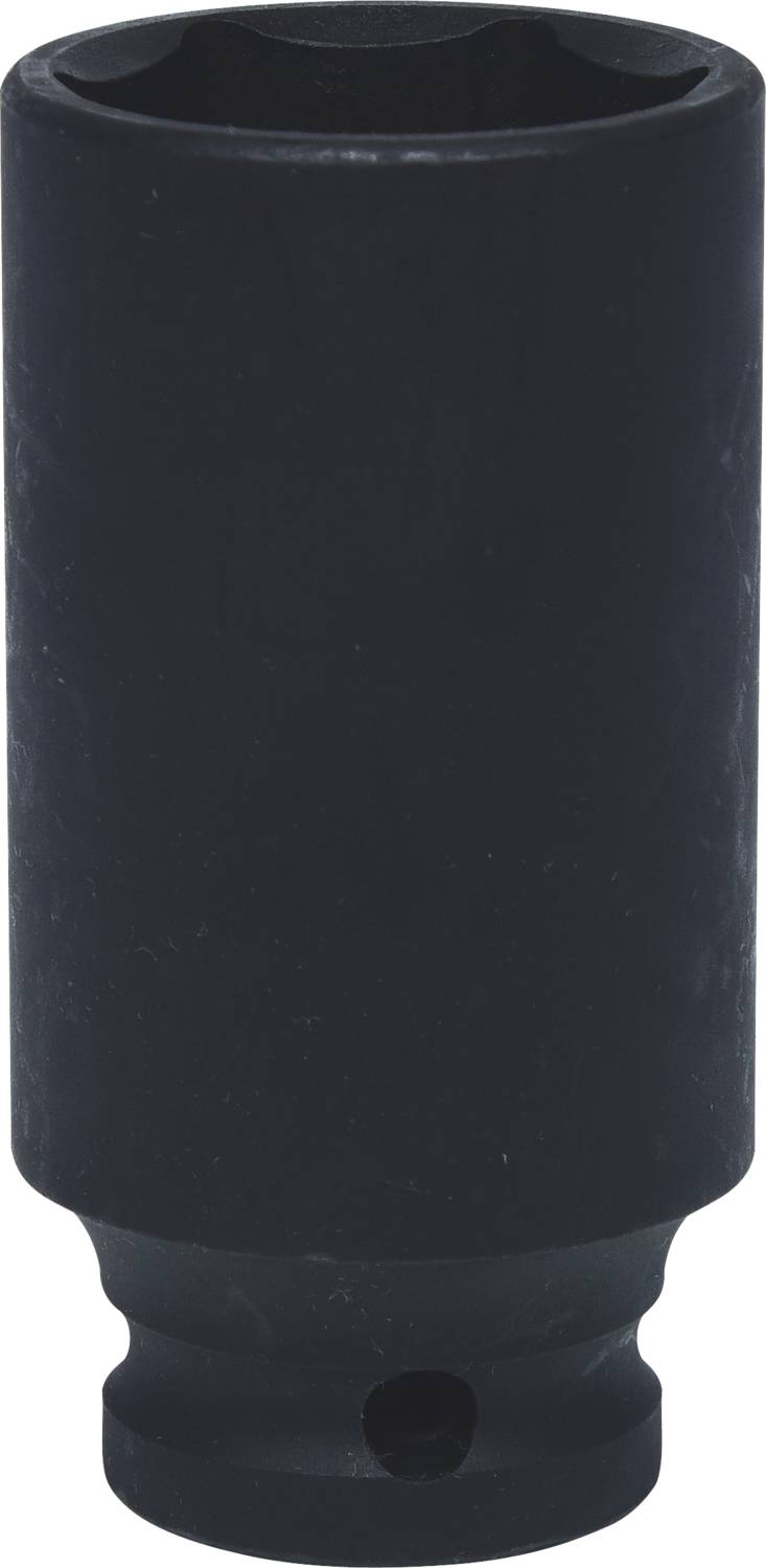 Ein schwarzer Steckschlüsselaufsatz mit einem quadratischen Loch an einem Ende für Befestigungen oder Schrauben.