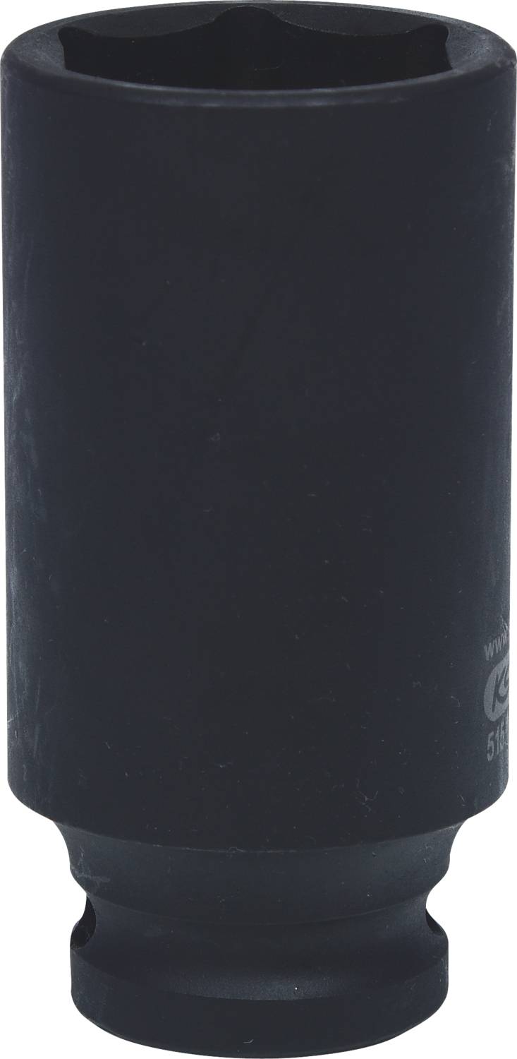 Schwarze Stecknuss mit einer hexagonalen Öffnung und einem quadratischen Antriebsende, verwendet für verschiedene Schraubarbeiten.