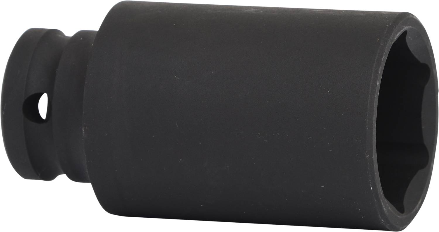 Schwarze Stecknuss mit Sechskantprofil und seitlicher Bohrung, verwendet für Mechanikarbeiten zur Befestigung von Schrauben und Muttern.