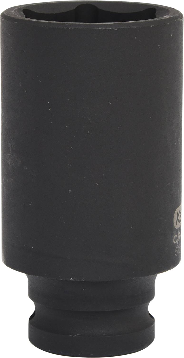 Ein schwarzer Steckschlüsselaufsatz aus Metall, zylindrisch mit hexagonaler Öffnung. Geeignet zum Anziehen von Schrauben.