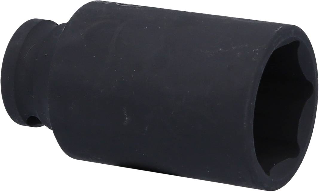 Ein schwarzer, zylindrischer Steckschlüsseleinsatz liegt horizontal. Das Design ist robust, geeignet für den Einsatz mit Werkzeugen.
