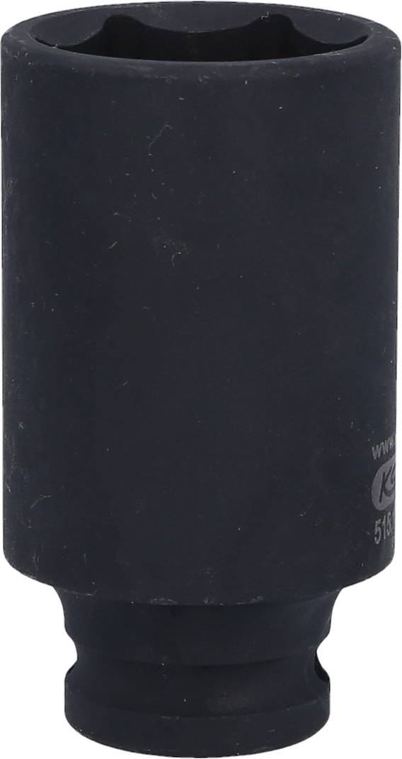 Ein schwarzer Steckschlüsseleinsatz mit tiefem Profil und sechseckigem Kopf, geeignet für den Einsatz mit Schraubenschlüsseln oder Ratschen.