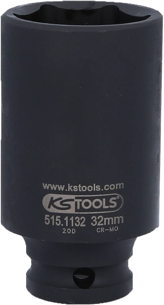Schwarze 32mm Stecknuss mit der Aufschrift 'www.kstools.com KG TOOLS 515.1132 32mm 20D CR-MO'.用于拉長的ọrọ在 делу 版显示рC 胡昌湘’ sс Join С.订омоменскиеombra регистрации бы.