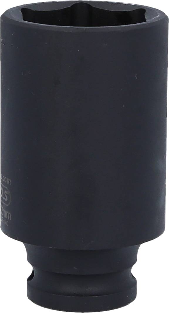 Schwarze Stecknuss aus Metall mit sechseckiger Öffnung, verwendet für Schraubarbeiten im Handwerk oder der Mechanik.