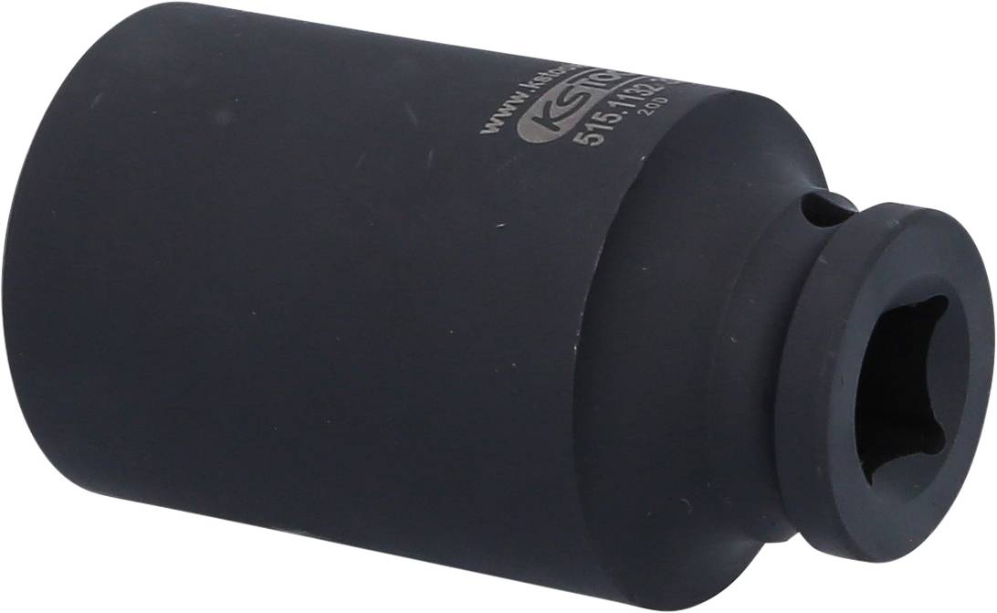 Eine schwarze, zylindrische Stecknuss mit quadratischer Öffnung, verwendet für mechanische Arbeiten.