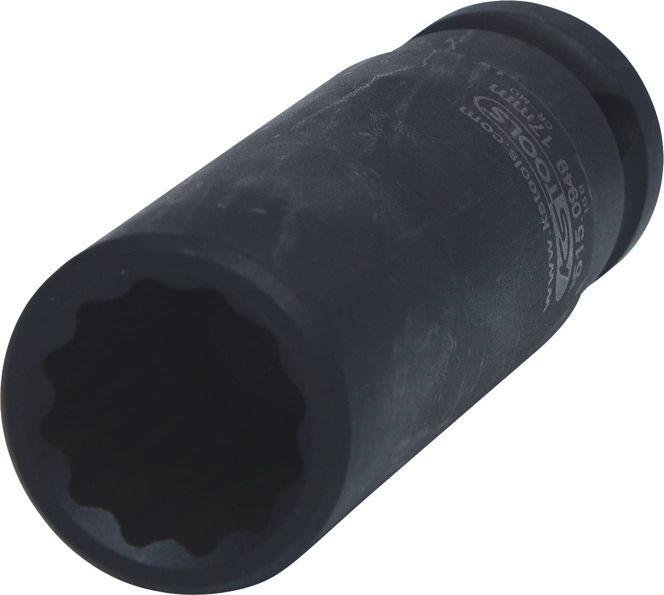 Schwarze Schraubnuss mit geriffeltem Inneren und lesbarer Produktnummer, verwendet zum Anziehen oder Lösen von Schrauben.