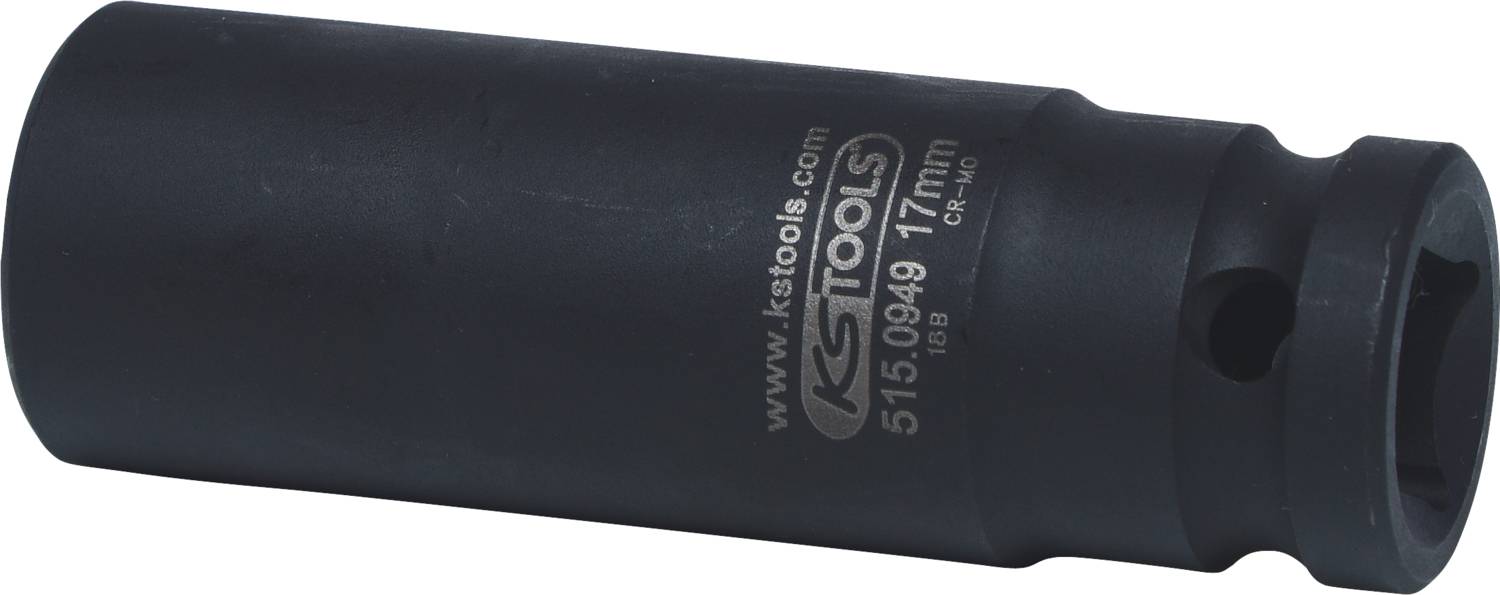Schwarzer Steckschlüsselaufsatz mit der Aufschrift 'www.kstools.com 515.0949 17 mm'. Geeignet für mechanische Anwendungen.