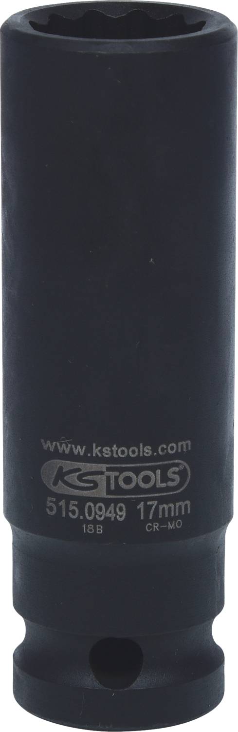 Schwarze Stecknuss mit Aufschrift 'KS TOOLS', 17 mm Größe, aus Chrom-Molybdän-Stahl, verwendet für mechanische Arbeiten.