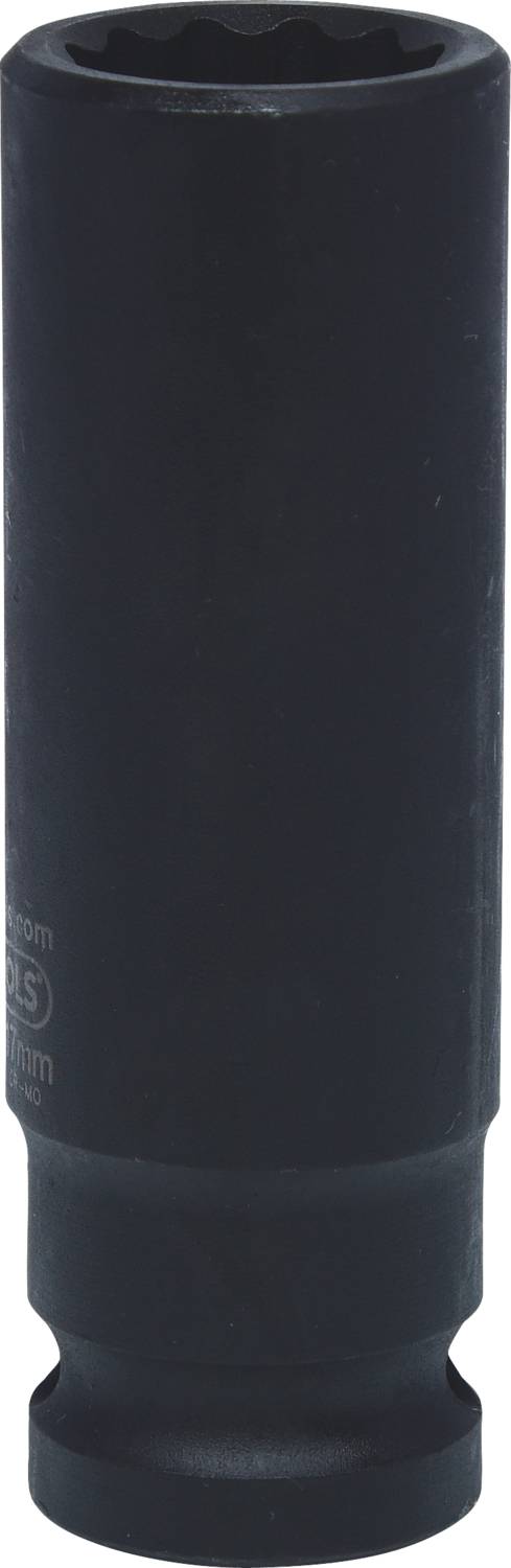 Eine schwarze Stecknuss, zylindrisch und aus Metall, wird aufrecht gezeigt und wird vermutlich in mechanischen Anwendungen verwendet.