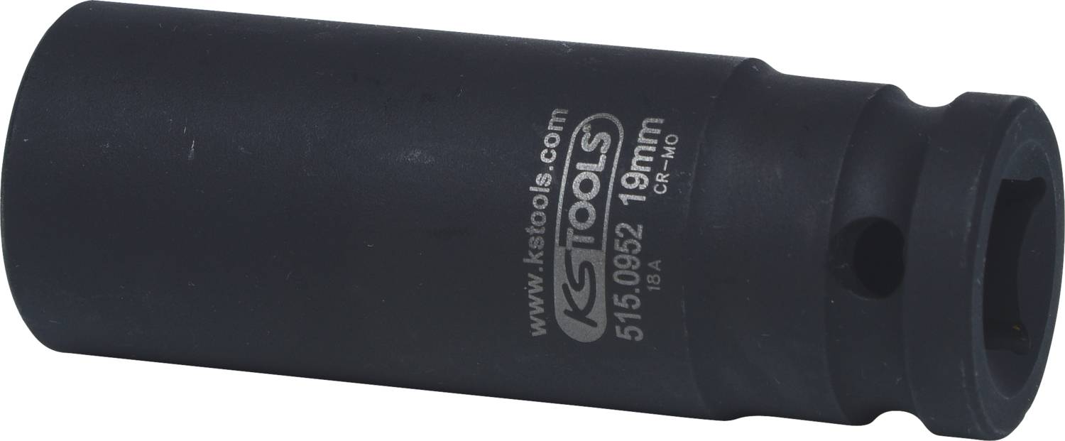 Steckschlüssel-Einsatz aus Metall, matt schwarz, mit Aufschrift 'www.kstools.com, 19mm'.