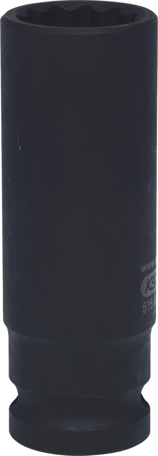 Eine schwarze, zylindrische Werkzeughülse mit einem geriffelten Inneren, vermutlich ein Steckschlüssel für mechanische Arbeiten.