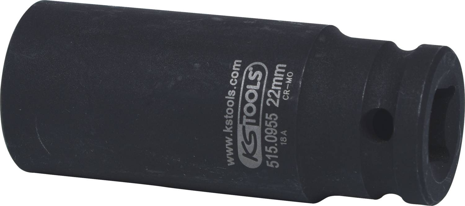 Schwarze Sechskant-Steckschlüssel-Nuss mit 22 mm Größe und KSTools-Logo, geeignet für den Einsatz mit einem Schlagschrauber.