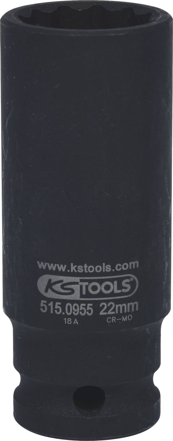 Ein schwarzer Steckschlüssel mit Aufdruck 'www.kstools.com 515.0955 22mm 18A CR-MO'. Geeignet für mechanische Arbeiten.