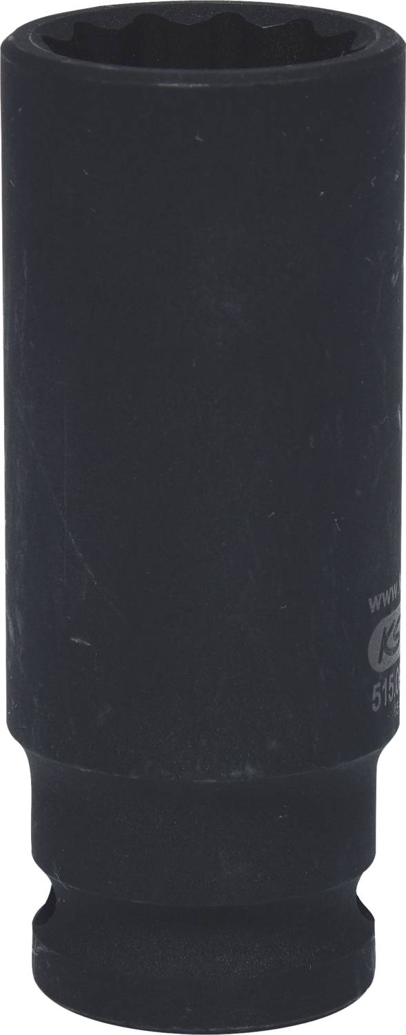 Lange schwarze Stecknuss aus Metall, zylindrisch geformt. Verwendet für Schraubarbeiten, insbesondere mit einem Schraubenschlüssel.