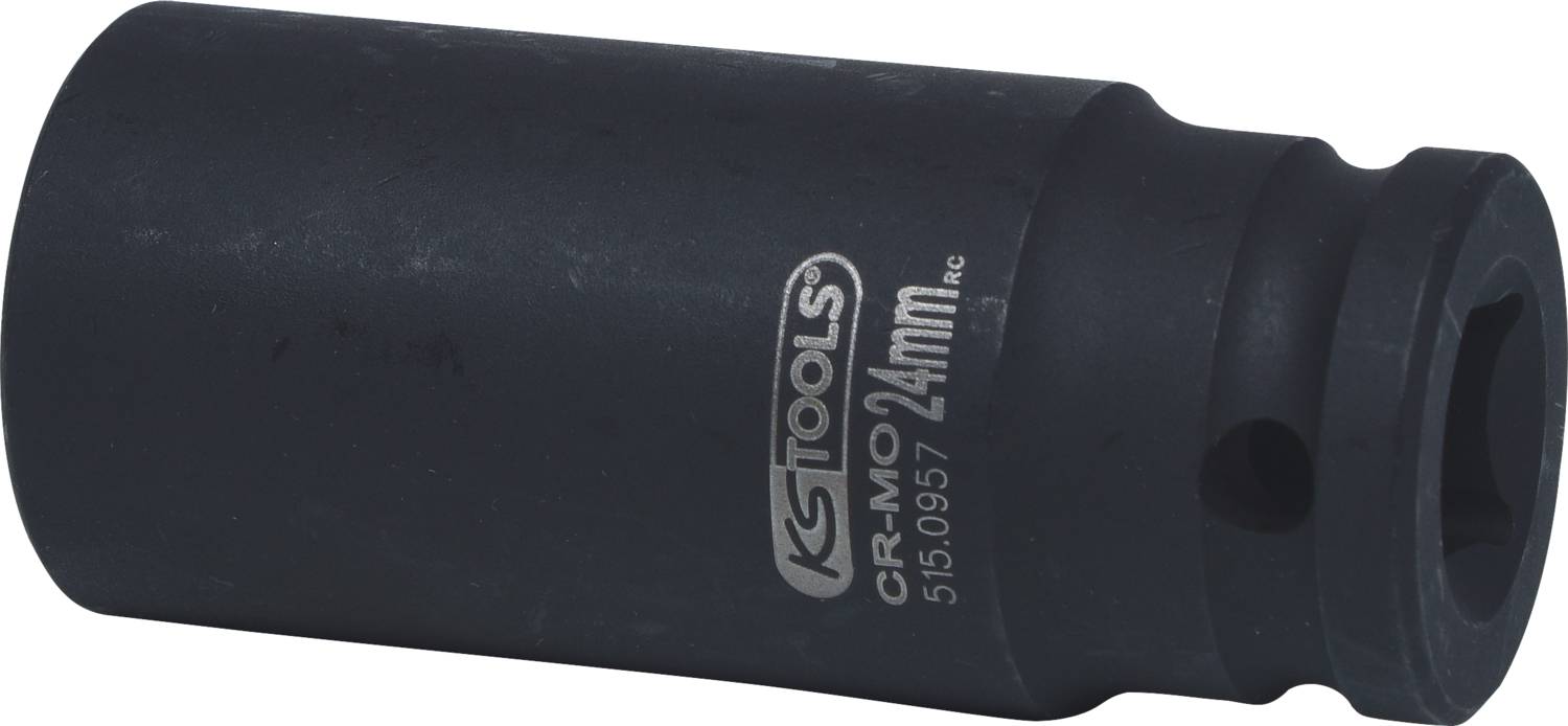 Schwarzer Steckschlüsseleinsatz aus Chrom-Molybdän für Schraubarbeiten, Größe 24 mm, mit Herstellerlogo auf der Seite.