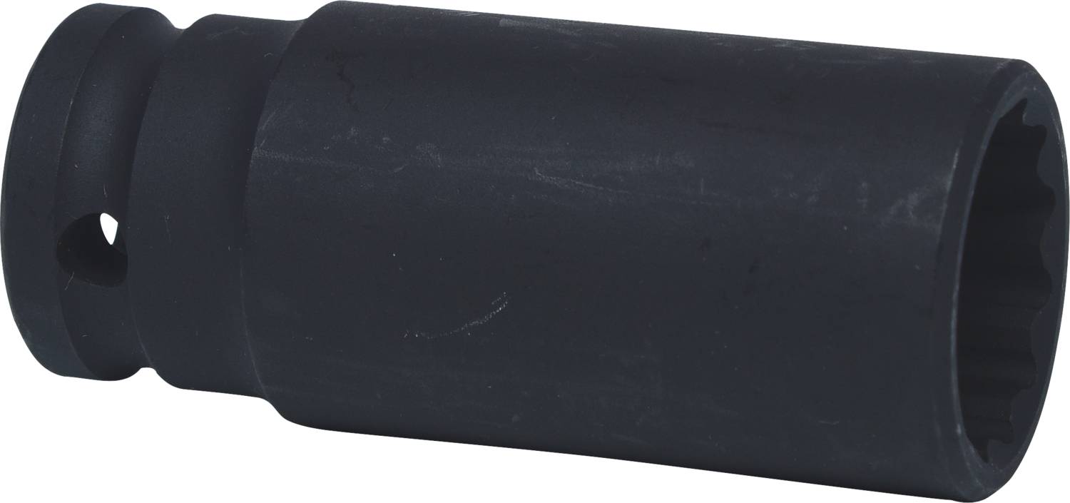 Ein schwarzer Steckschlüssel mit einem sechskantigen Ende, geeignet zum Festziehen oder Lösen von Muttern oder Schrauben.