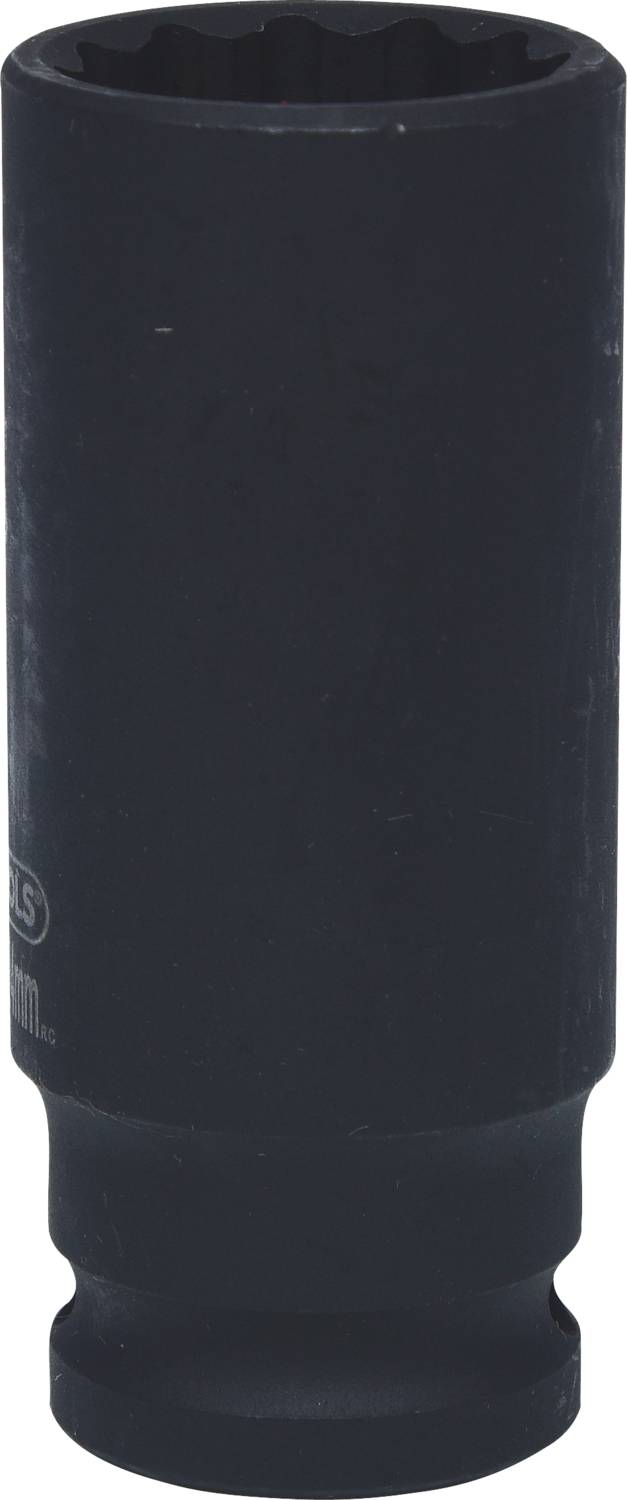 Schwarze Stecknuss in zylindrischer Form, geeignet für den Einsatz mit Schraubenschlüsseln bei der Montage von Muttern oder Schrauben.