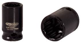 Zwei schwarze Stecknüsse aus Metall, eine stehend und eine auf der Seite liegend. Aufschrift: Gedore, CR-MO, 19 mm.