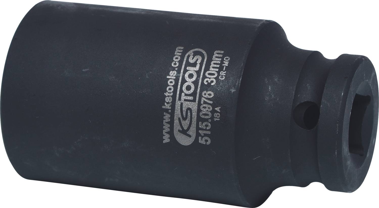 Eine schwarze Stecknuss mit der Aufschrift 'KS Tools 515.0976 30 mm, CR-V10'. Verwendet zur Befestigung von Schrauben oder Muttern.