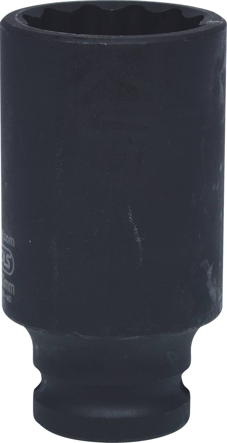 Eine schwarze Stecknuss, wahrscheinlich aus Metall, mit einem sechskantigen Innenprofil, geeignet für Schraubenzieher oder Ratschen.