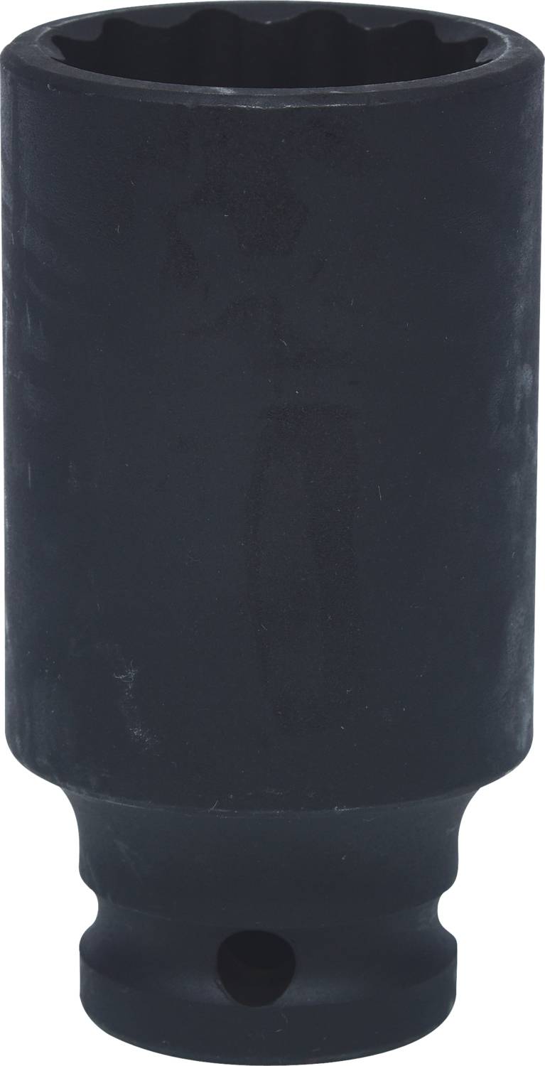 Schwarze, zylindrische Stecknuss mit tiefem Profil, geeignet für Kfz-Mechanikaufgaben.