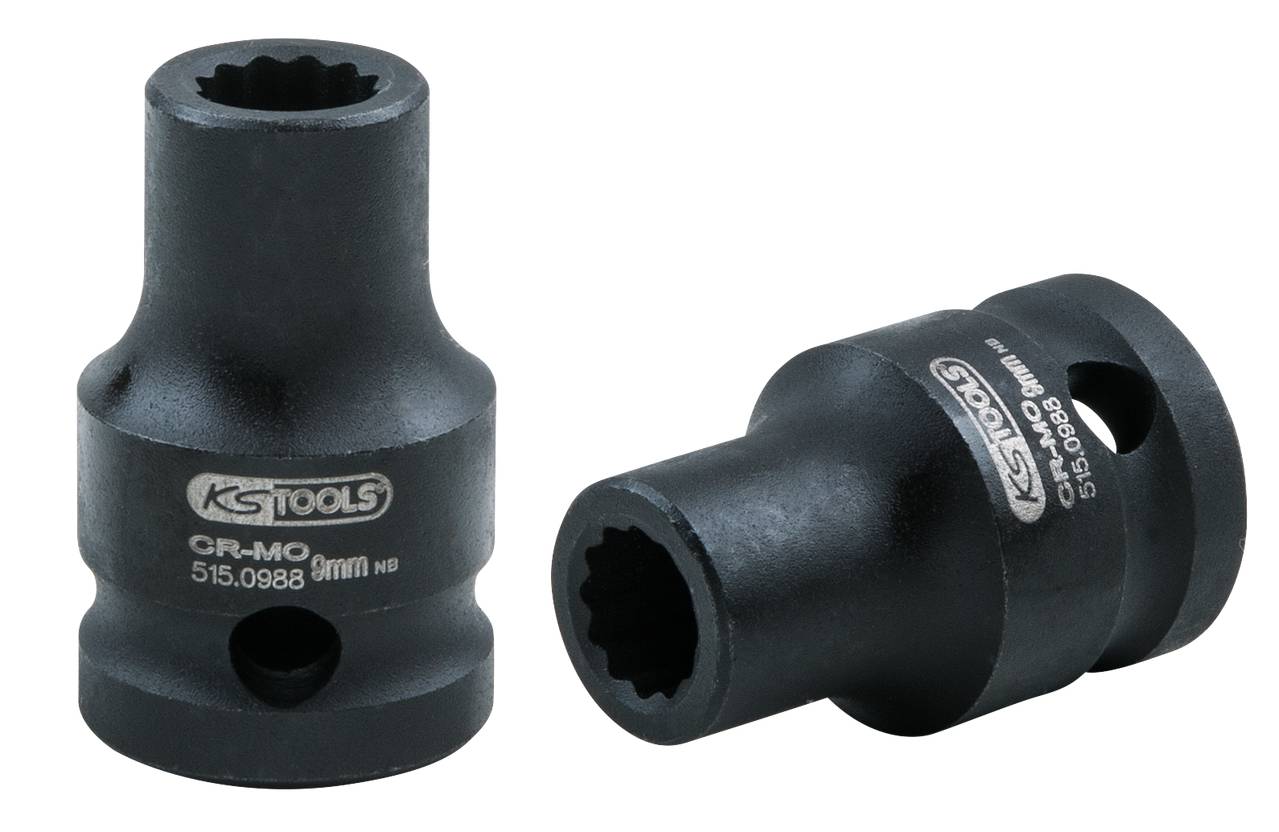 Zwei schwarze Stecknüsse aus Metall mit einer Größe von 9mm, gekennzeichnet mit 'KS TOOLS' und 'CR-MO'; geeignet für mechanische Arbeiten.