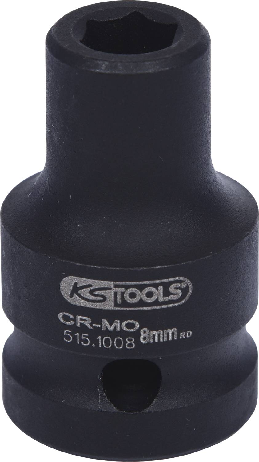 Schwarze Adapterbuchse von KS Tools mit der Aufschrift 'CR-MO 8mm RD', geeignet für den Einsatz mit Steckschlüsseln.
