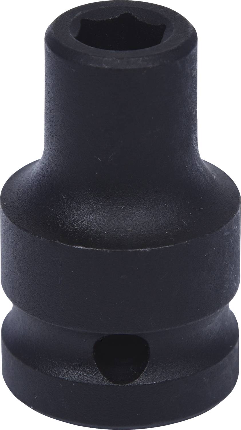 Schwarzes Steckschlüsseladapter aus Metall, geeignet für verschiedene Schrauben- oder Mutterngrößen.