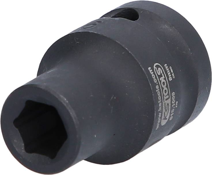 Eine schwarze Steckschlüsselbuchse mit sechseckiger Öffnung. Sie hat eine robuste Bauweise und zeigt eine Markenaufschrift.