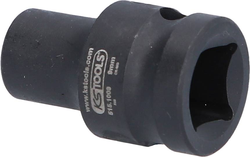 Ein schwarzer Steckschlüsseleinsatz mit einem 8 mm Sechskant-Profil. Auf der Seite ist die Aufschrift 'KS Tools' und weitere Spezifikationen sichtbar.