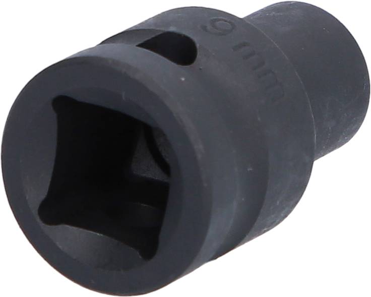 Schwarze 9mm Stecknuss mit quadratischer Öffnung, eignet sich zum Lösen oder Festziehen von Bolzen.