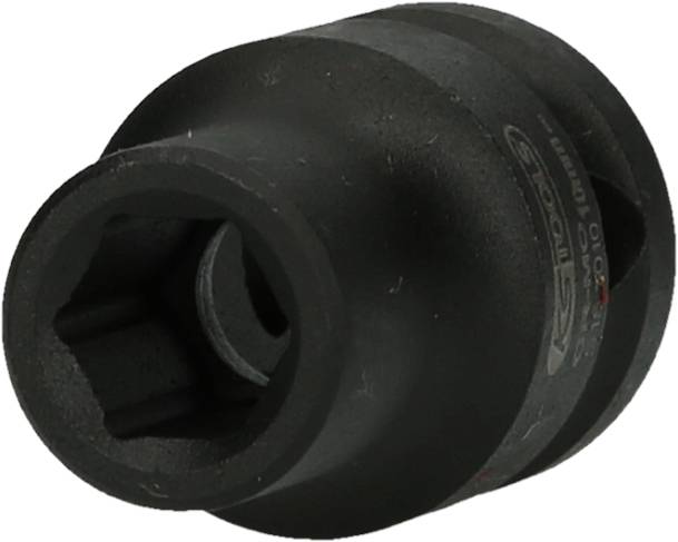 Schwarze Stecknuss mit einer sechskantigen Öffnung, verwendet für das Anziehen von Muttern und Schrauben mit einem Drehmomentschlüssel.