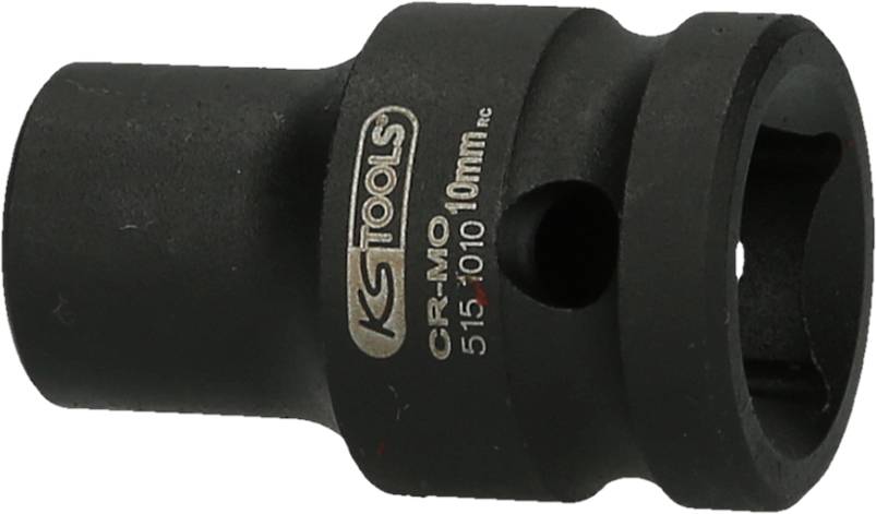 'KS Tools' 10mm Steckschlüssel mit CR-MO-Materialkennzeichnung, schwarzes Metall, zylindrische Form, geeignet für Werkstattarbeit.