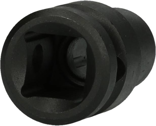 Schwarzes, zylindrisches Bauteil mit innerem Vierkant. Dient als Steckverbindung in mechanischen oder technischen Anwendungen.