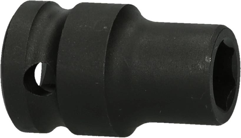 Ein schwarzes Metallwerkzeug, wahrscheinlich ein Steckschlüsselaufsatz, mit einer sechseckigen Öffnung und einer seitlichen Bohrung.