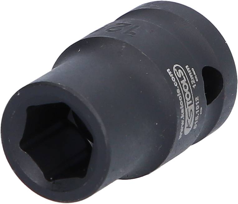 Steckschlüsseleinsatz aus Metall, zylindrische Form, mit quadratischer Öffnung und Markenaufdruck. Geeignet für den Einsatz mit Schlagschraubern.