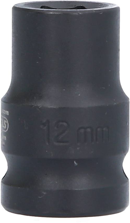 Eine schwarze Stecknuss mit der Aufschrift '12 mm' auf der Seite. Sie wird für das Anziehen oder Lösen von Schrauben oder Muttern verwendet.