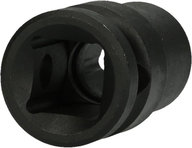 Schwarzes, zylindrisches Metallteil mit mehreren Öffnungen, möglicherweise ein Teil eines Maschinenbauteils oder Werkzeugs.