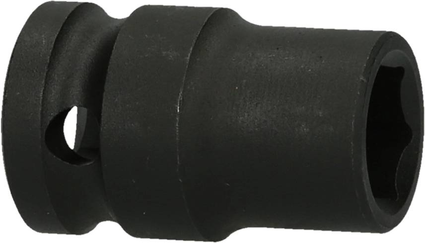 Eine schwarze Stecknuss, die ein Sechskant-Werkzeug darstellt, vermutlich für mechanische Anwendungen gedacht.