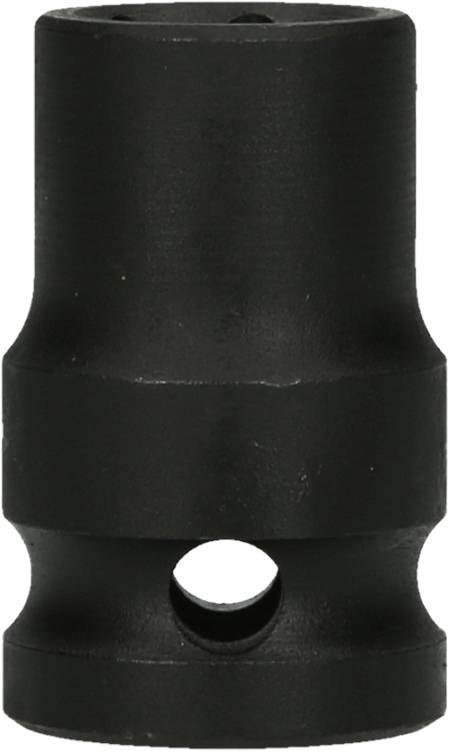 Schwarzes, zylindrisches Metallteil mit einem Loch in der unteren Hälfte. Möglicherweise ein Adapter oder Verbindungselement.