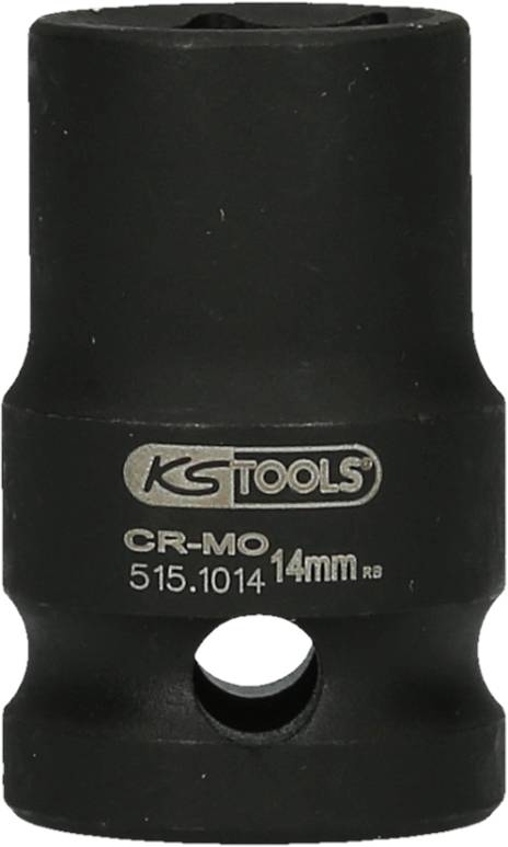 Schwarze Steckschlüsselaufnahme von KS Tools, 14 mm, aus CR-MO Material. Hat eine seitliche Öffnung und eingravierte Produktinformationen.