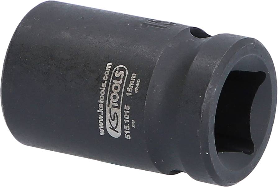 Eine schwarze Sechskant-Stecknuss der Marke KS Tools, Größe 19 mm, mit weißem Aufdruck der Webseite und Produktspezifikationen.