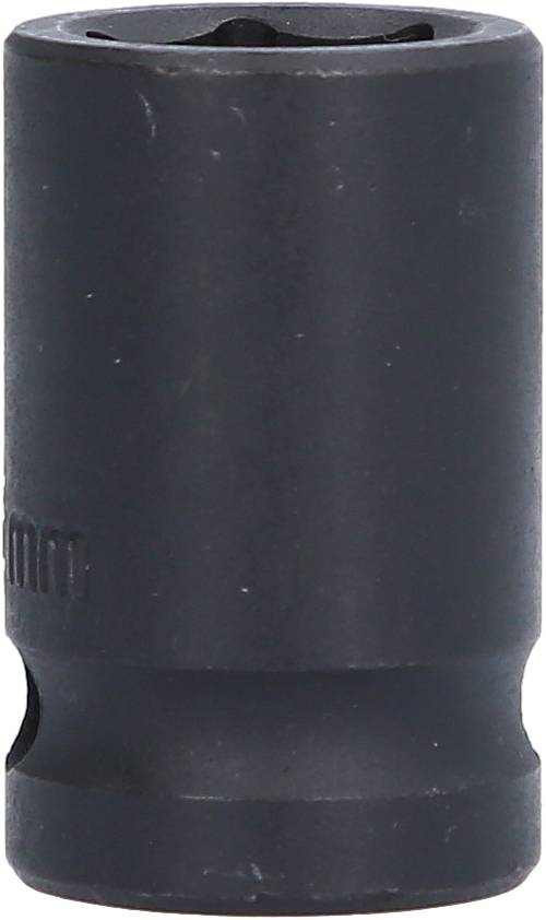 Schwarze Sechskantnuss, zylindrische Form, wahrscheinlich ein Werkzeugaufsatz, wie ein Steckschlüssel oder Schraubenschlüsseladapter.