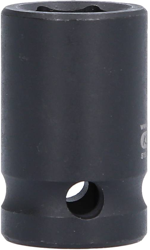 Ein schwarzer Steckschlüssel mit einer runden Öffnung an der Seite, geeignet für Werkzeuge oder mechanische Anwendungen.