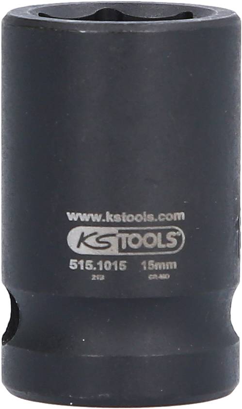 'KS Tools Steckschlüssel 15 mm'. Ein schwarzer Steckschlüsselaufsatz mit der Aufschrift 'www.kstools.com' und Modellnummer 515.1015.