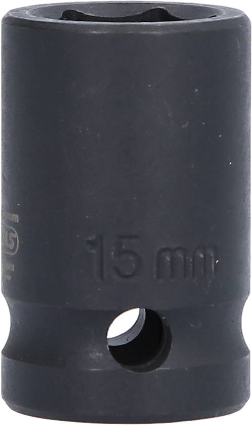 Eine schwarze Stecknuss mit der Prägung '15 mm', geeignet für Schraubenschlüssel oder Ratschen, dargestellt vor weißem Hintergrund.