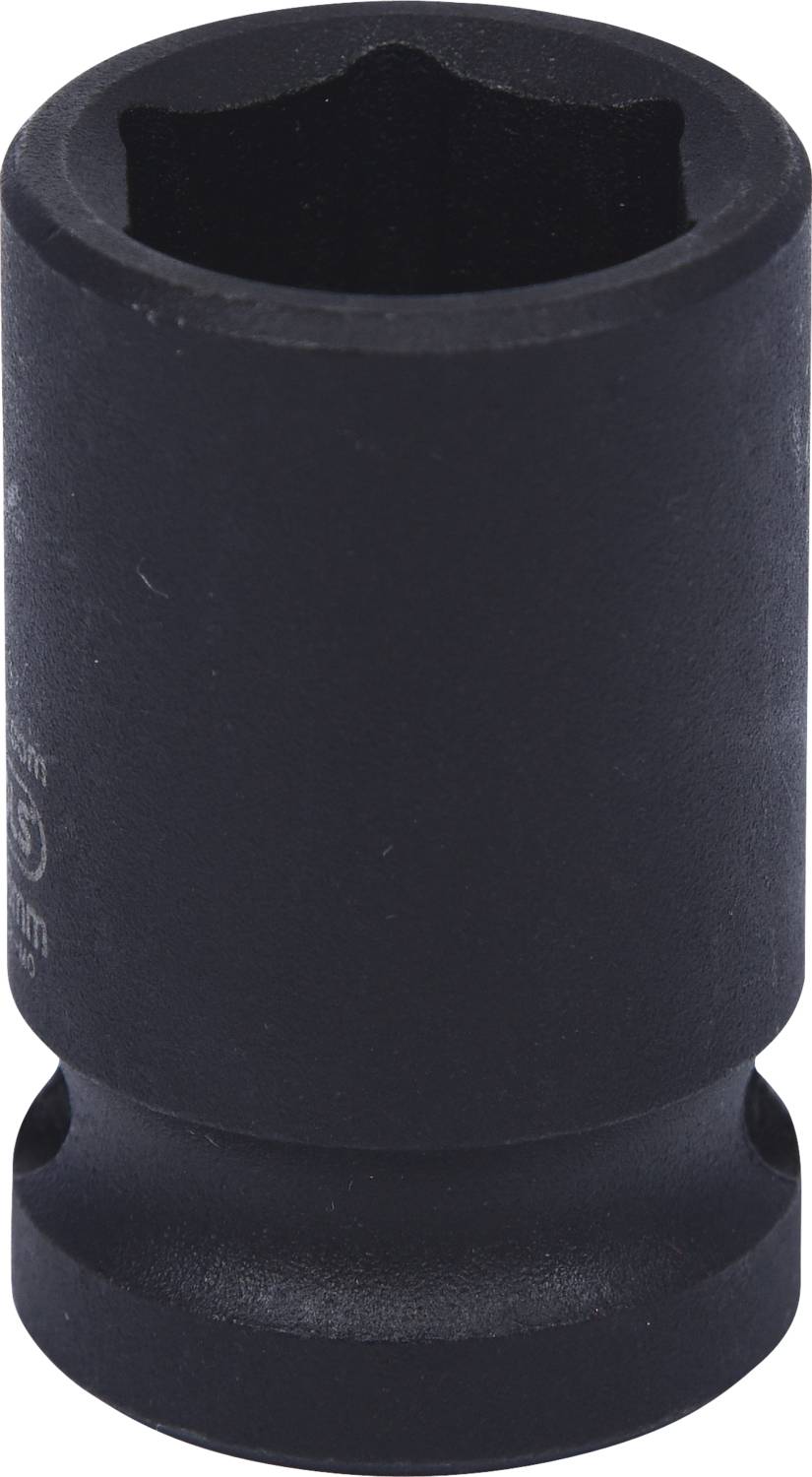 Eine schwarze Stecknuss aus Metall mit sechseckigem Innenprofil, geeignet für den Einsatz mit einem Steckschlüsselsatz.