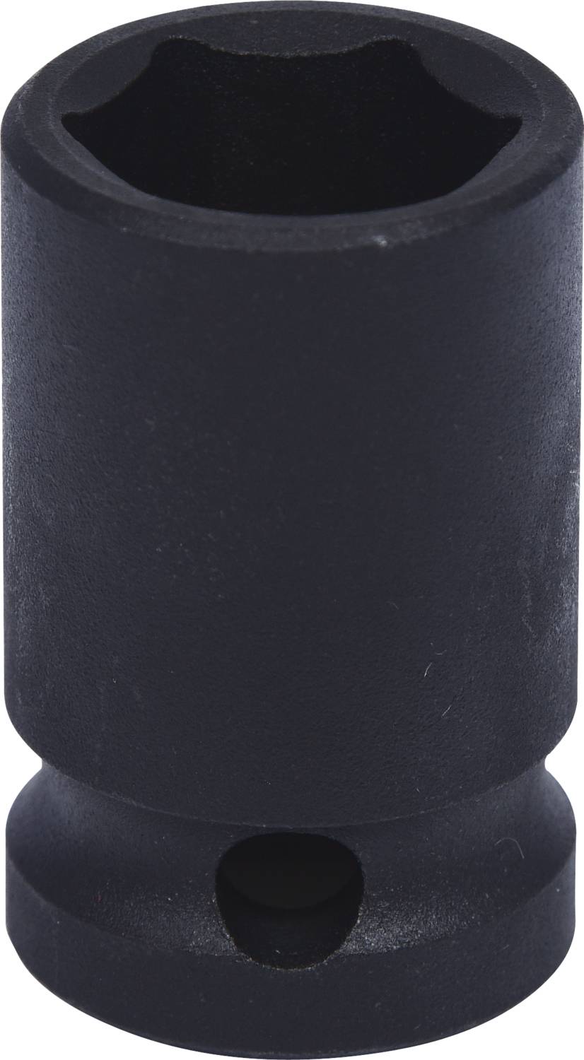 Schwarze Stecknuss aus Metall, zylindrische Form, mit sechskantiger Öffnung oben und runder Perforation unten.