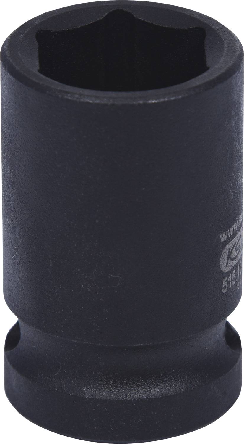 Ein schwarzer Steckschlüsselaufsatz aus Metall, teilweise matt, mit einer sechseckigen Öffnung zum Befestigen auf Schrauben oder Muttern.